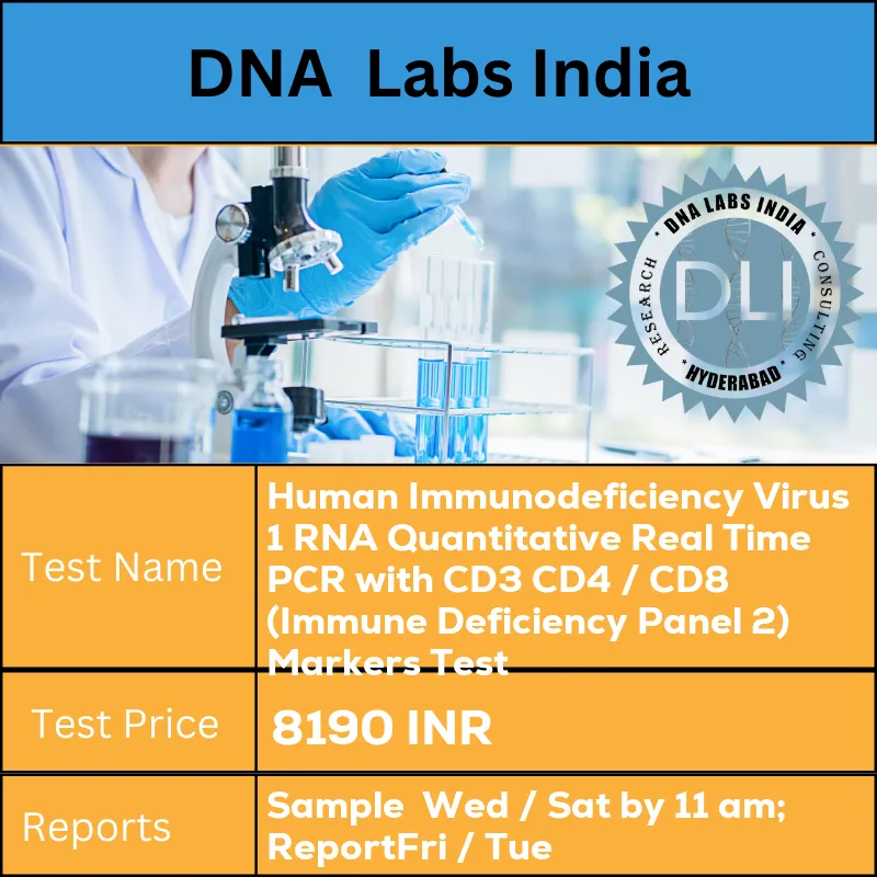 Human Immunodeficiency Virus 1 RNA Quantitative Real Time PCR with CD3 CD4 / CD8 (Immune Deficiency Panel 2) Markers Test cost PCR: 3 mL (2 mL min.) plasma from 2 Lavender Top (EDTA) tubes. Separate plasma aseptically within 2 hours of collection. Ship refrigerated or frozen. 12 hours fasting is recommended.n FLOW: 4 mL (3 mL min.) whole blood from 1 Lavender Top (EDTA) tube AND 1 Green top (Sodium Heparin) tube each. Ship at 18-22?u00f8C. DO NOT REFRIGERATE OR FREEZE. Specify time