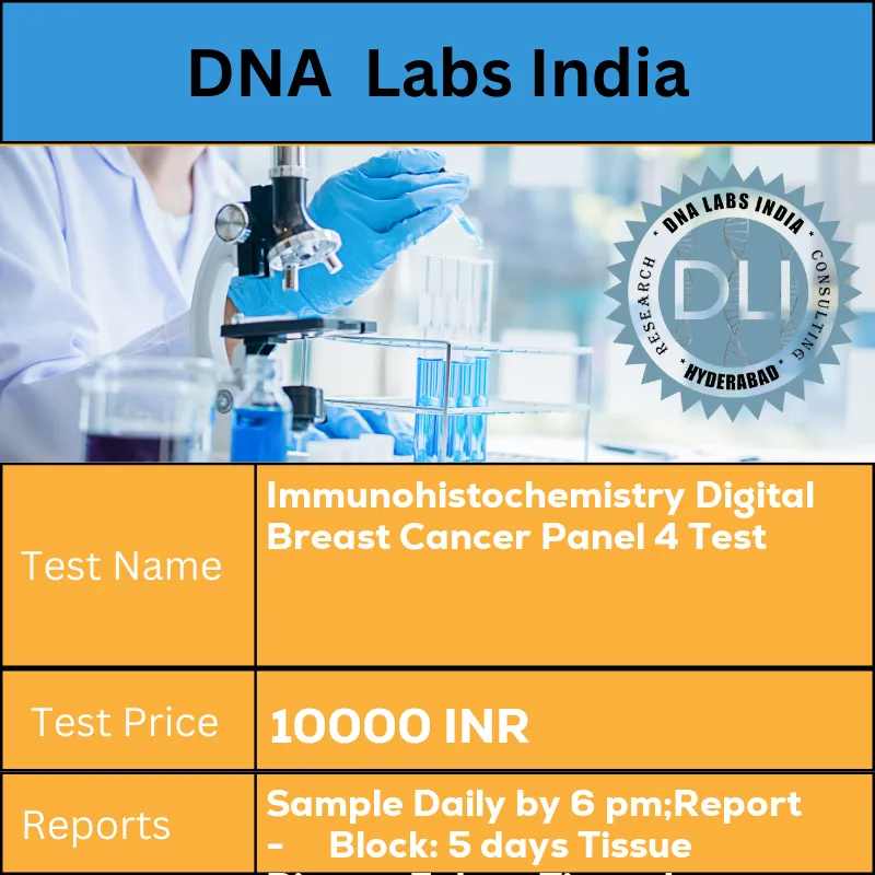 Immunohistochemistry Digital Breast Cancer Panel 4 Test cost Submit tumour tissue in 10% Formal-saline OR Formalin fixed paraffin embedded block. Ship at room temperature. Provide a copy of the Histopathology report. Indicate site of biopsy and provide Clinical history. INR in India