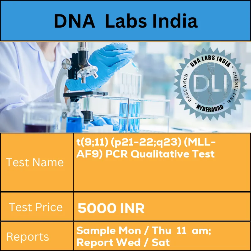 t(9;11) (p21-22;q23) (MLL-AF9) PCR Qualitative Test cost 3 mL (2 mL min.) whole blood / Bone marrow in 1 Lavender Top (EDTA) tube. Ship refrigerated. DO NOT FREEZE. Clinical history is mandatory. INR in India