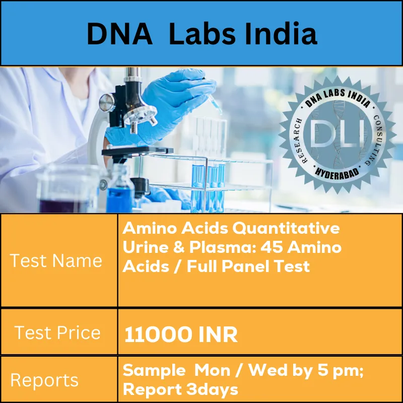 Amino Acids Quantitative Urine & Plasma: 45 Amino Acids / Full Panel Test cost 5 mL (2 mL min.) aliquot of first morning urine in a sterile screw capped container. No preservative required AND 2 mL (1 mL min.) plasma from 1 Green Top (Sodium Heparin) tube. Transfer plasma into a sterile screw capped vial. Ship refrigerated or frozen. Clinical details and drug history must accompany sample. INR in India