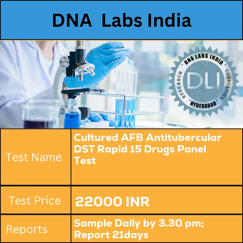 Cultured AFB Antitubercular DST Rapid 15 Drugs Panel Test cost Submit pure growth of Mycobacterium tuberculosis complex on appropriate media in sterile screw capped container in a sealed plastic bag. Ship refrigerated OR when used with other AFB culture or Mycobacteria identification tests