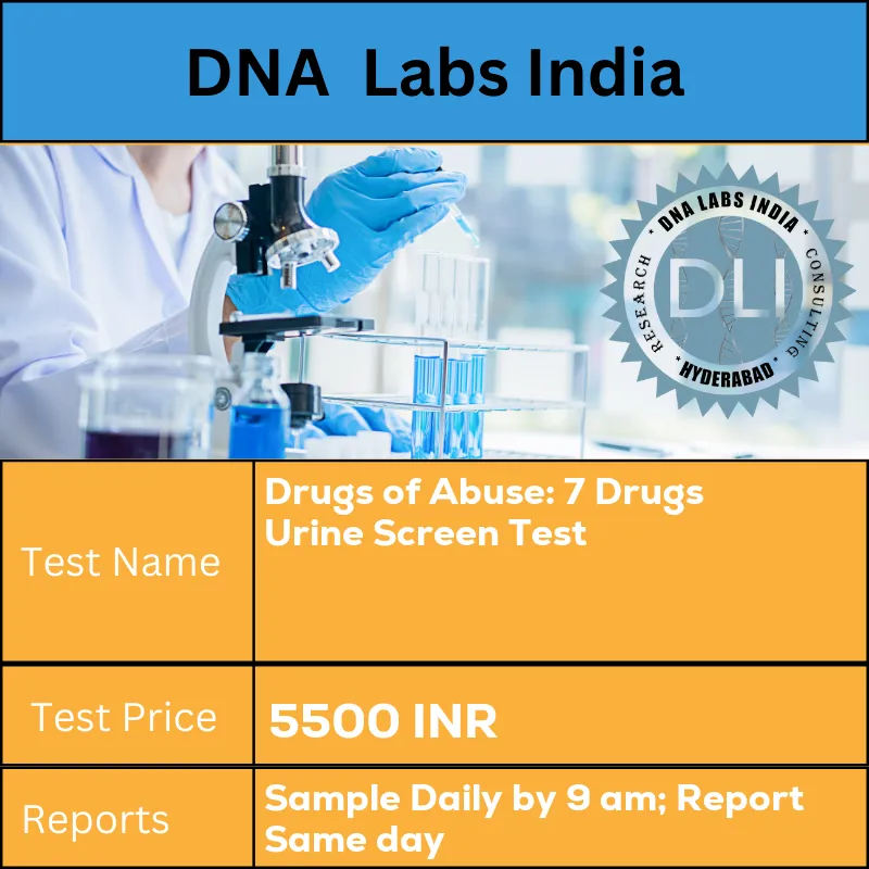 Drugs of Abuse: 7 Drugs Urine Screen Test cost 10 mL (5 mL min.) aliquot of random urine in a sterile screw capped container. Ship refrigerated or frozen. INR in India
