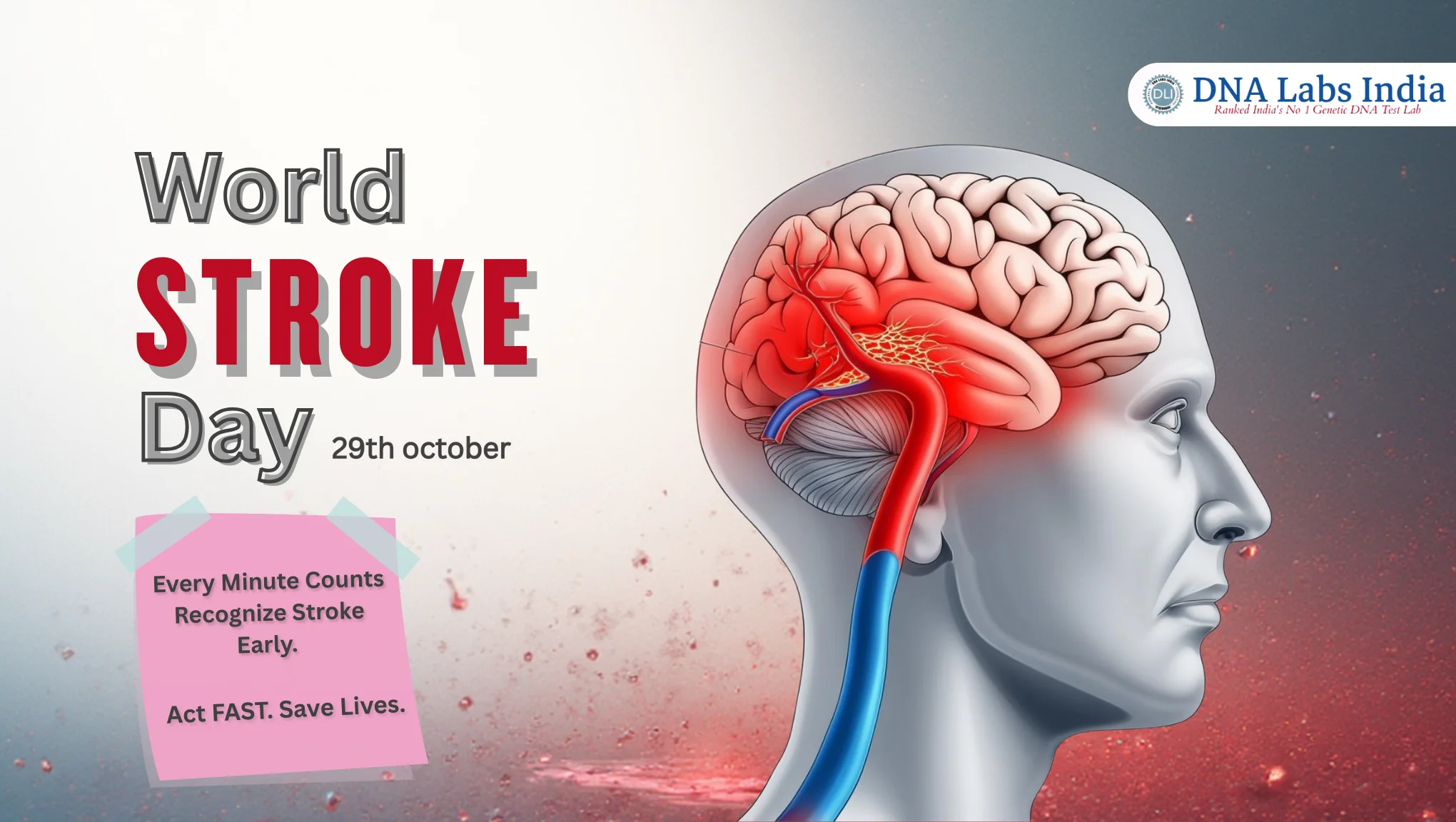World Stroke Day 2025 awareness image showing a human brain and blood vessels with the theme âEvery Minute Countsâ by DNA Labs India.