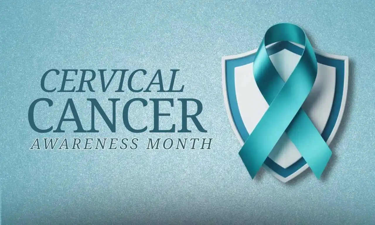 Teal ribbon symbolizing Cervical Cancer Awareness Month with diagnostic icons for early detection, displayed in a clean medical laboratory setting.
