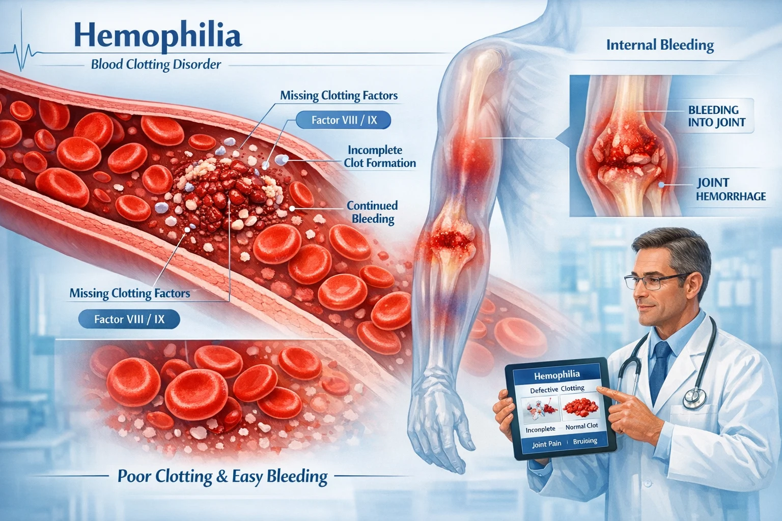 Illustration of hemophilia showing blood vessels with missing clotting factors (Factor VIII/IX), leading to incomplete clot formation and continued bleeding. The image also shows internal bleeding in an arm joint with joint hemorrhage. A doctor holds a tablet explaining defective clotting, incomplete clots, joint pain, and bruising.