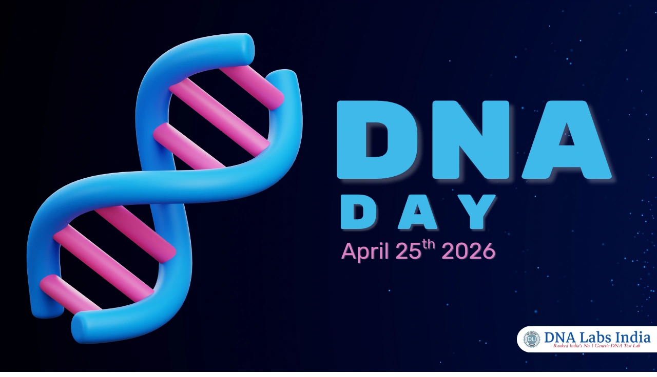 Stylized blue DNA double helix with pink strands beside the text “DNA Day – April 25th, 2026” on a dark blue background.