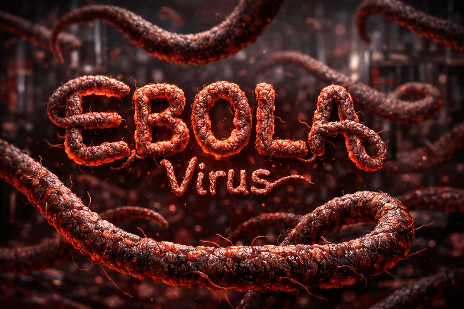 Highly detailed scientific illustration of the Ebola virus showing thread-like, filamentous virions in deep red and black tones, with glowing organic typography spelling “EBOLA Virus” amid a blurred laboratory background.