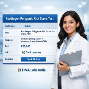 A South Asian female doctor in a white lab coat smiles while holding a silver clipboard beside a blue and white information table titled “Kardiogen Polygenic Risk Score Test” in a modern clinical laboratory background.