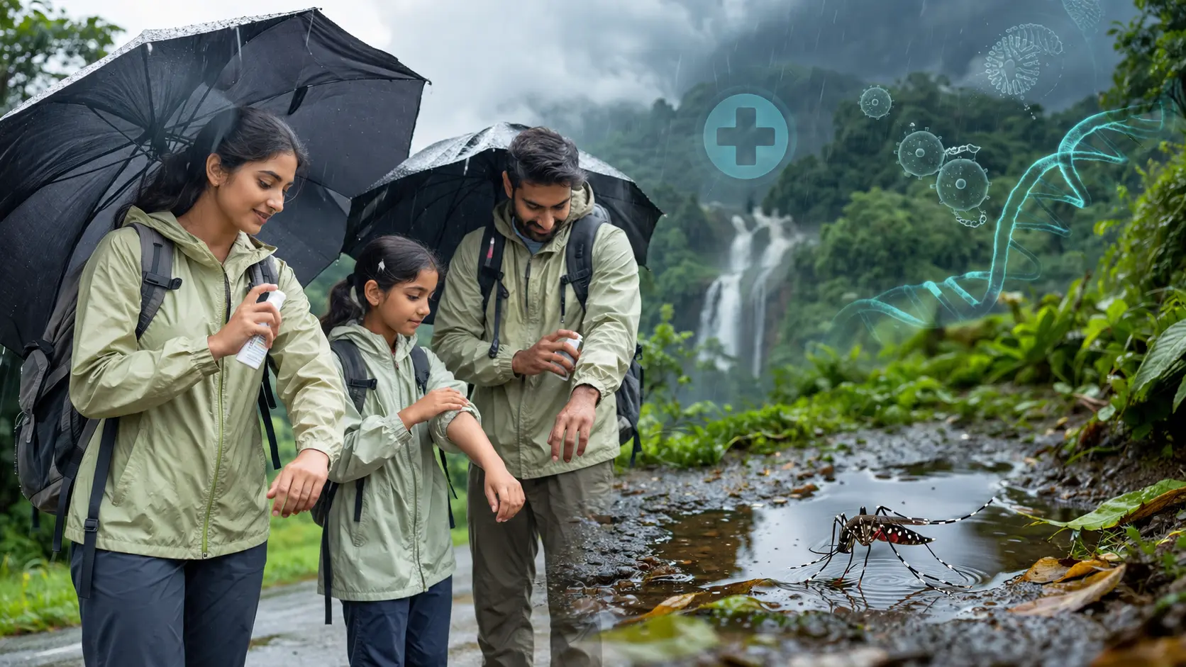 Family applying mosquito repellent during a monsoon trek with an Aedes mosquito near stagnant water, highlighting dengue prevention while travelling.