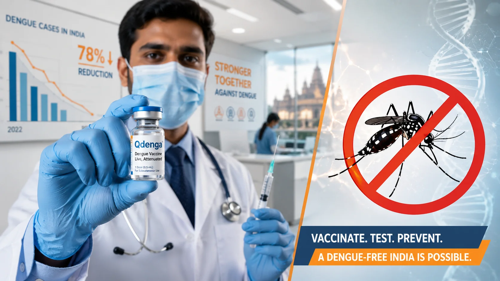 Qdenga dengue vaccine approved in India - healthcare professional holding vaccine vial with mosquito prevention symbol