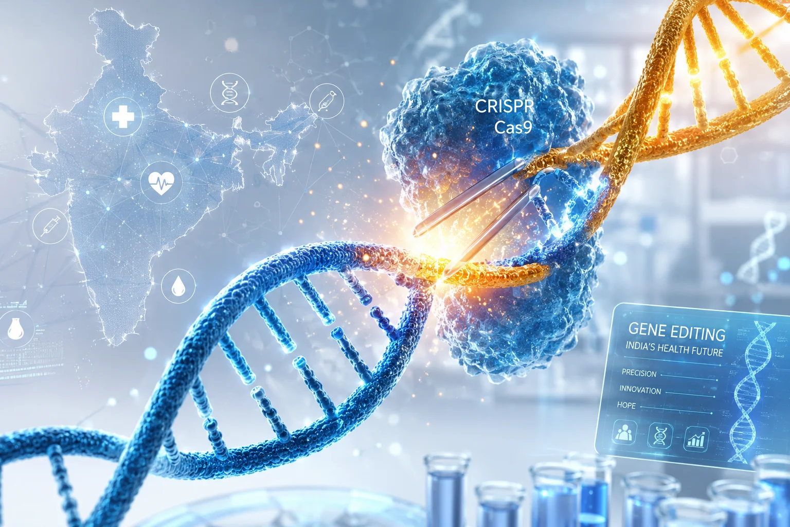 "CRISPR-Cas9 gene editing technology precisely cutting a DNA double helix, with a subtle map of India in the background representing the country's advances in genetic medicine and indigenous gene therapy."