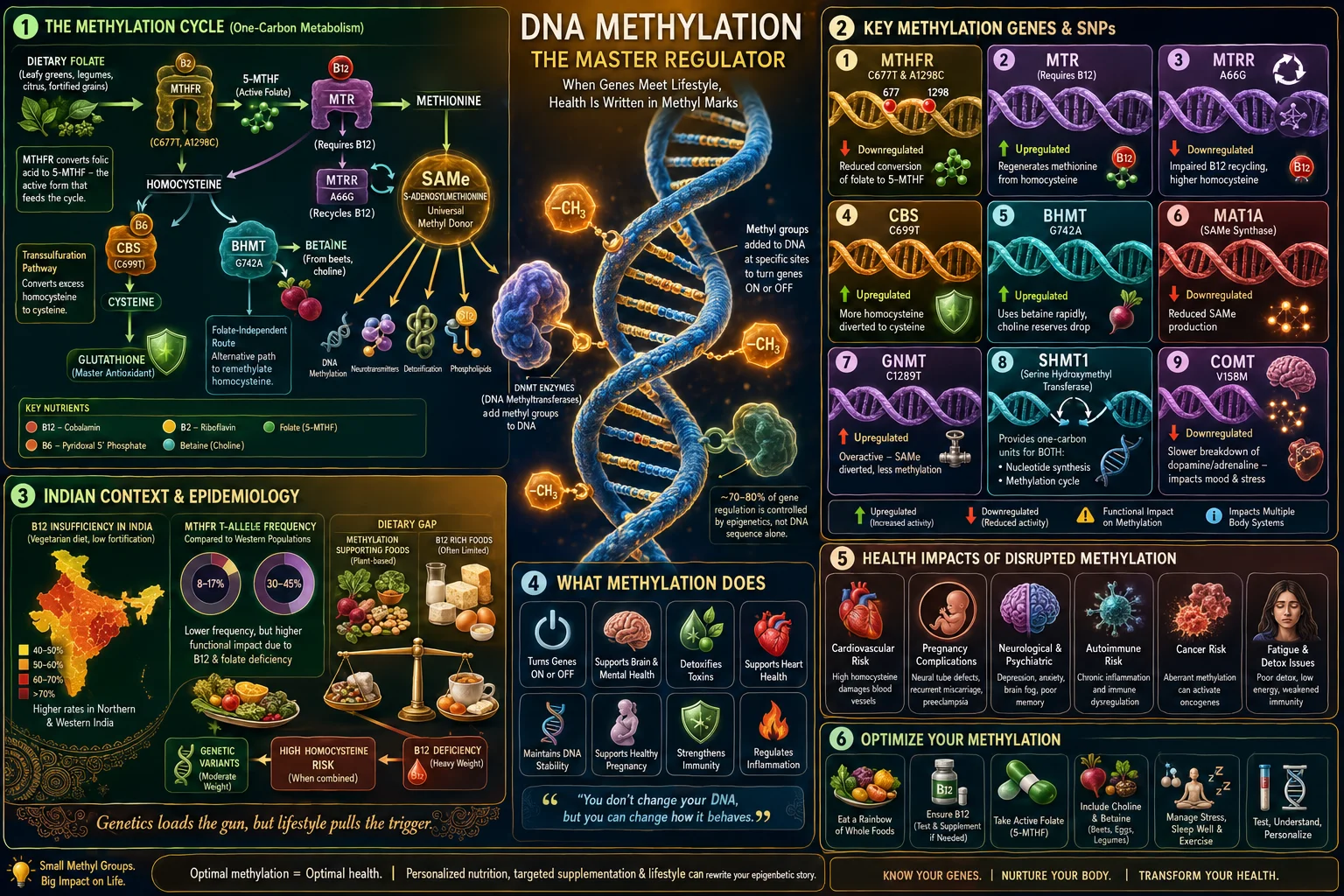 DNA double helix illustration with glowing methyl-group tags representing DNA methylation and the one-carbon cycle