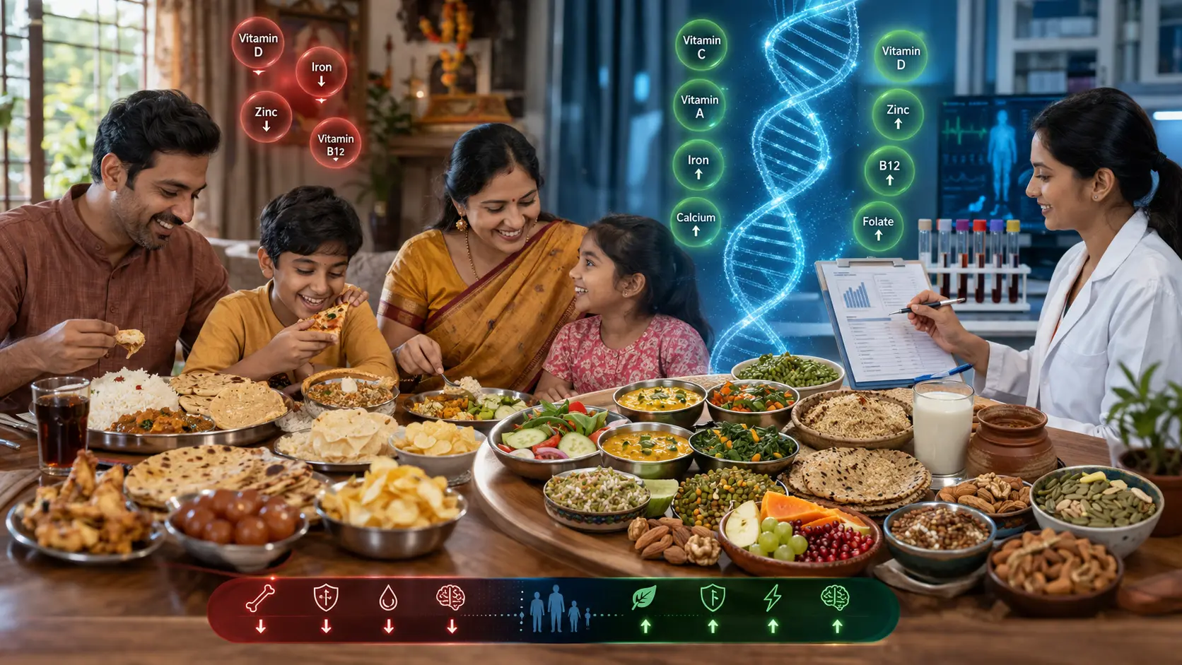 India’s nutrition landscape showing the contrast between calorie-rich meals and nutrient-dense foods, highlighting micronutrient deficiencies and hidden hunger.