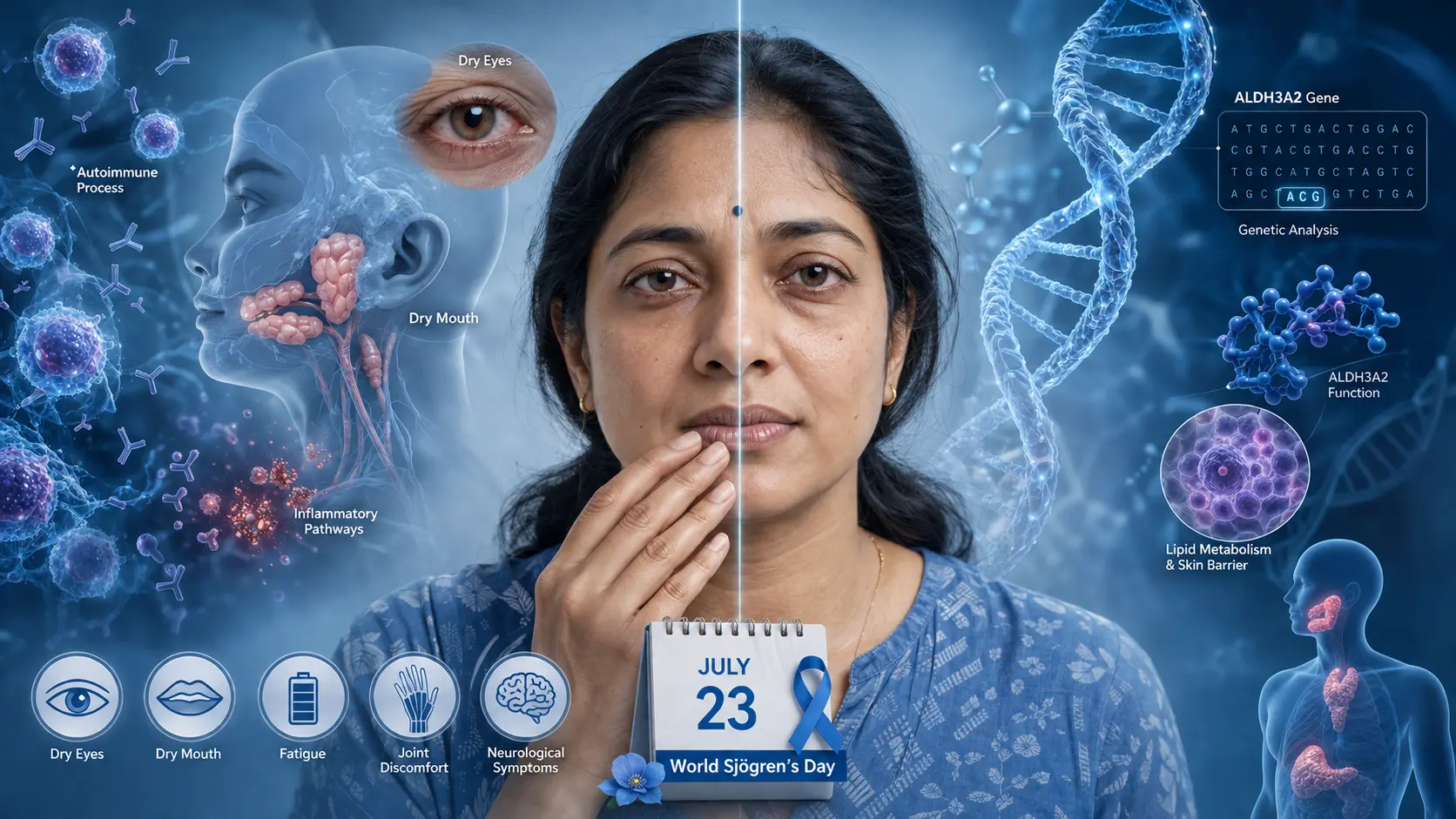 World Sjögren's Day 2026 medical illustration showing Sjögren's disease, dry eyes, dry mouth, autoimmune pathways, and genetic Sjögren-Larsson syndrome