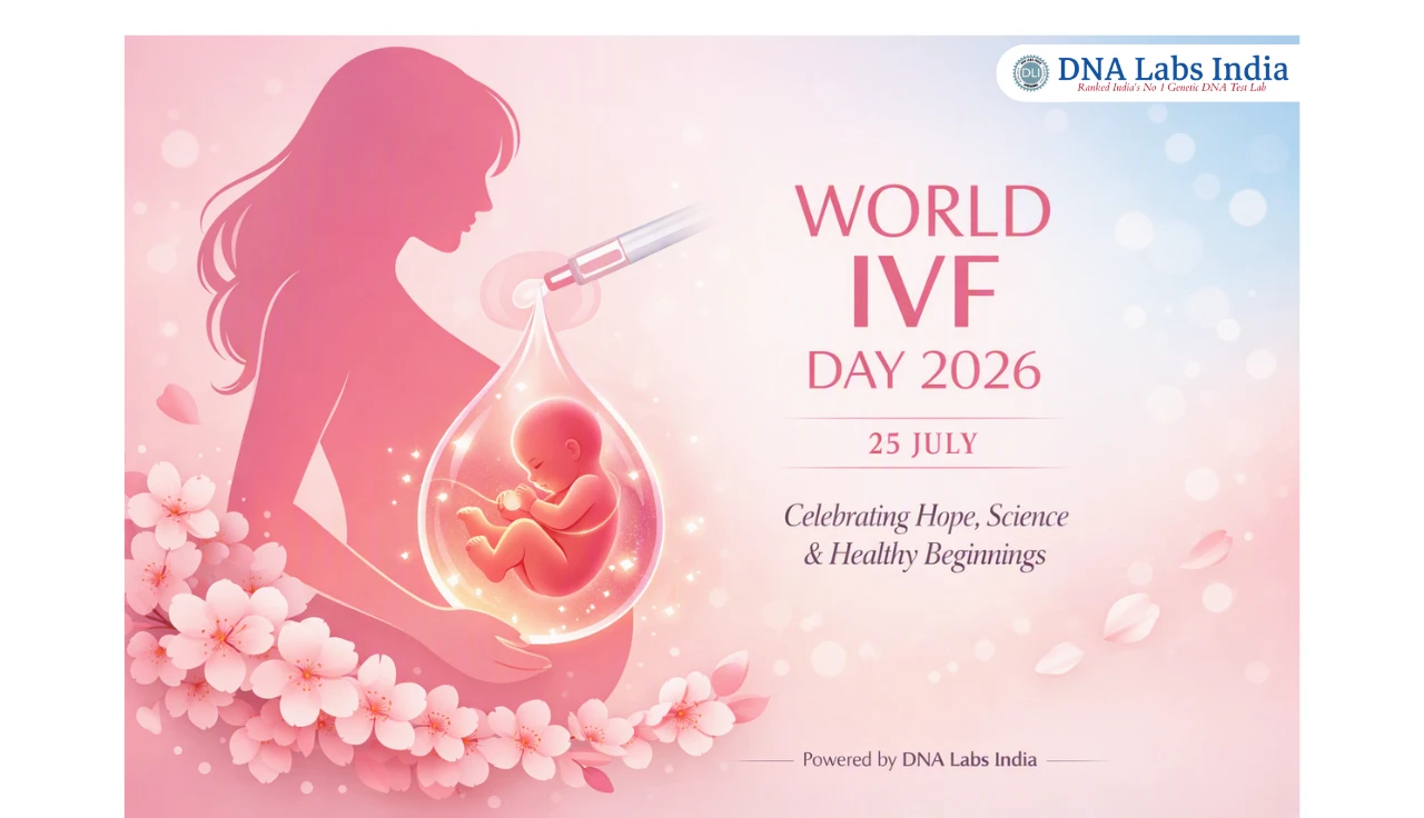 Illustration celebrating World IVF Day 2026 featuring a pink silhouette of a pregnant woman with a glowing fetus inside a droplet-shaped womb, symbolizing IVF and new life. The poster includes the date 25 July, the message "Celebrating Hope, Science & Healthy Beginnings," and DNA Labs India branding.