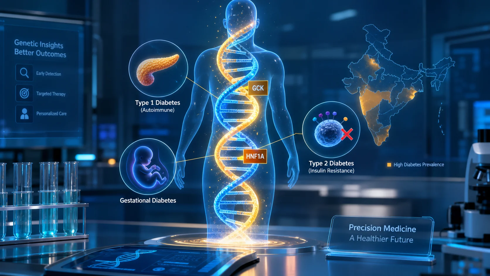 3D illustration: DNA helix with diabetes gene markers GCK and HNF1A, integrated with human silhouette and map of India, representing genetic testing for diabetes.