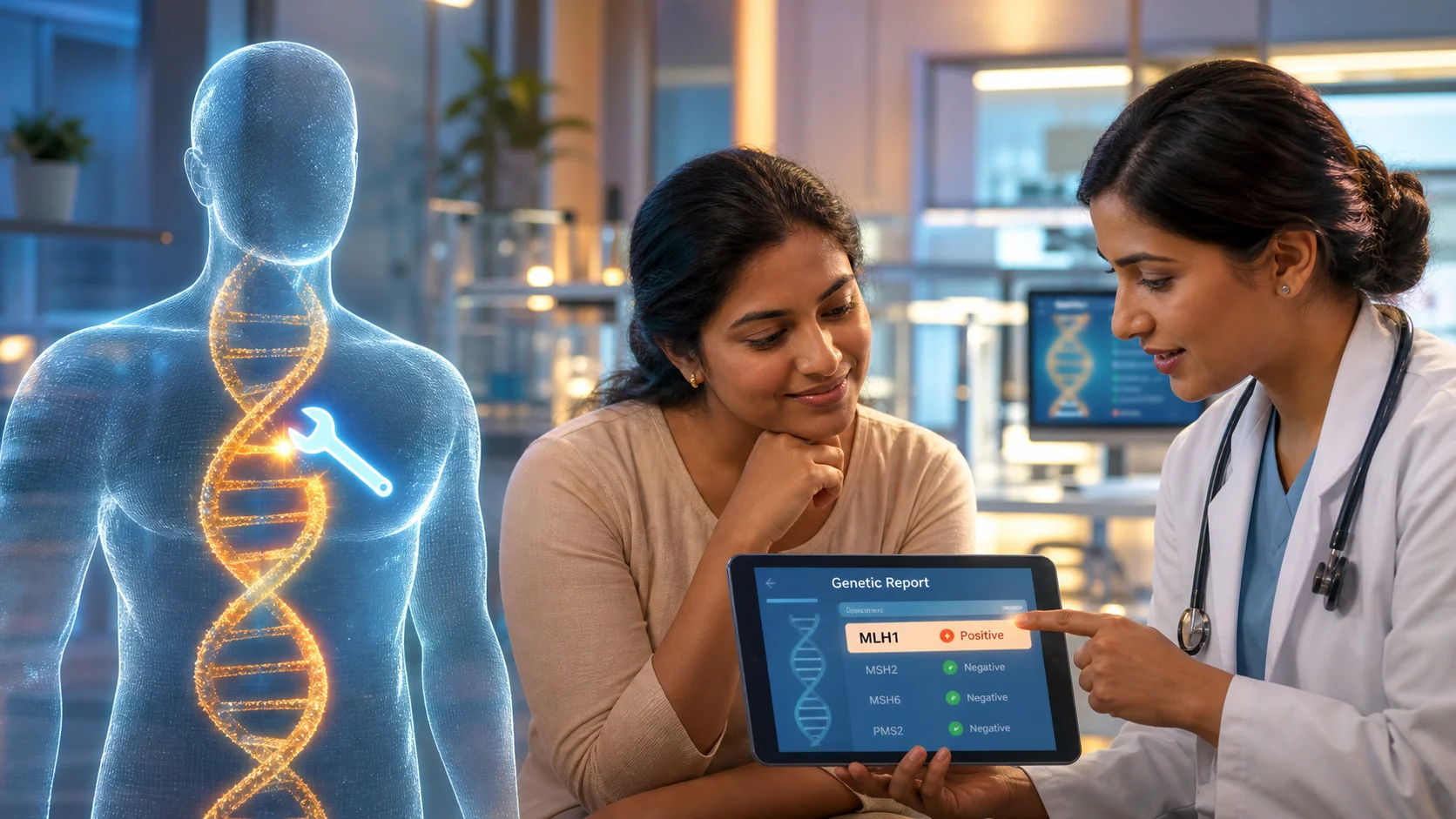 3D illustration: DNA repair mechanism and Lynch syndrome genetic testing consultation with Indian patient and doctor reviewing MMR IHC report.