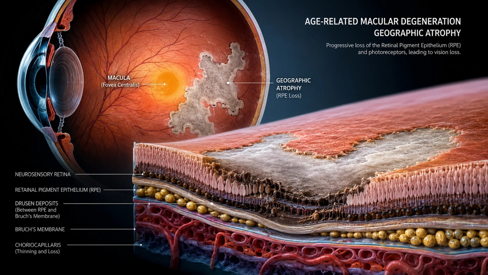 Cross-sectional view of the human eye showing macular atrophy with geographic lesions, drusen deposits, and retinal pigment epithelium thinning in the macula