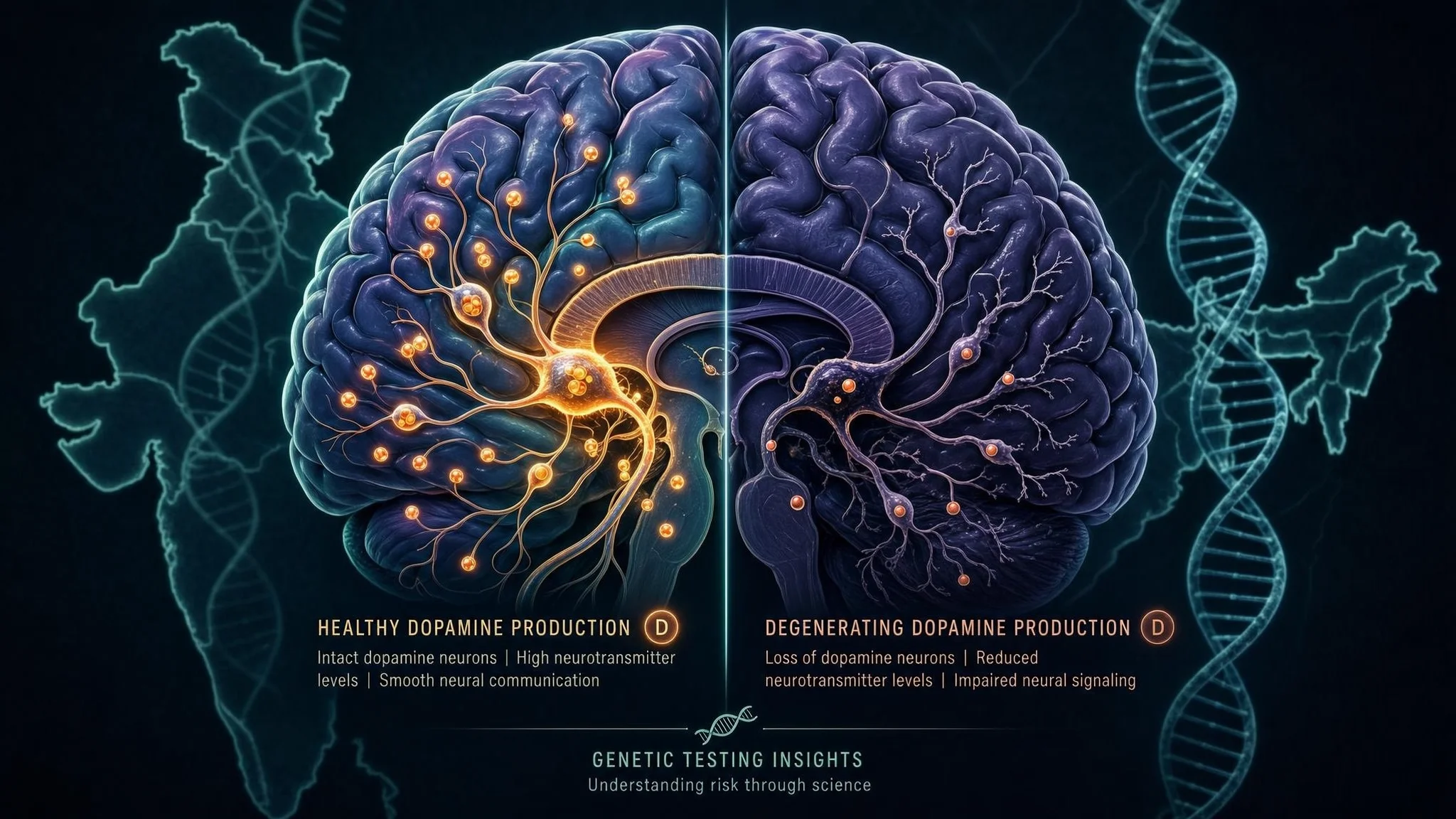 Parkinson's disease genetic testing guide showing DNA helix with brain neuron degeneration and NGS technology for diagnosis in India