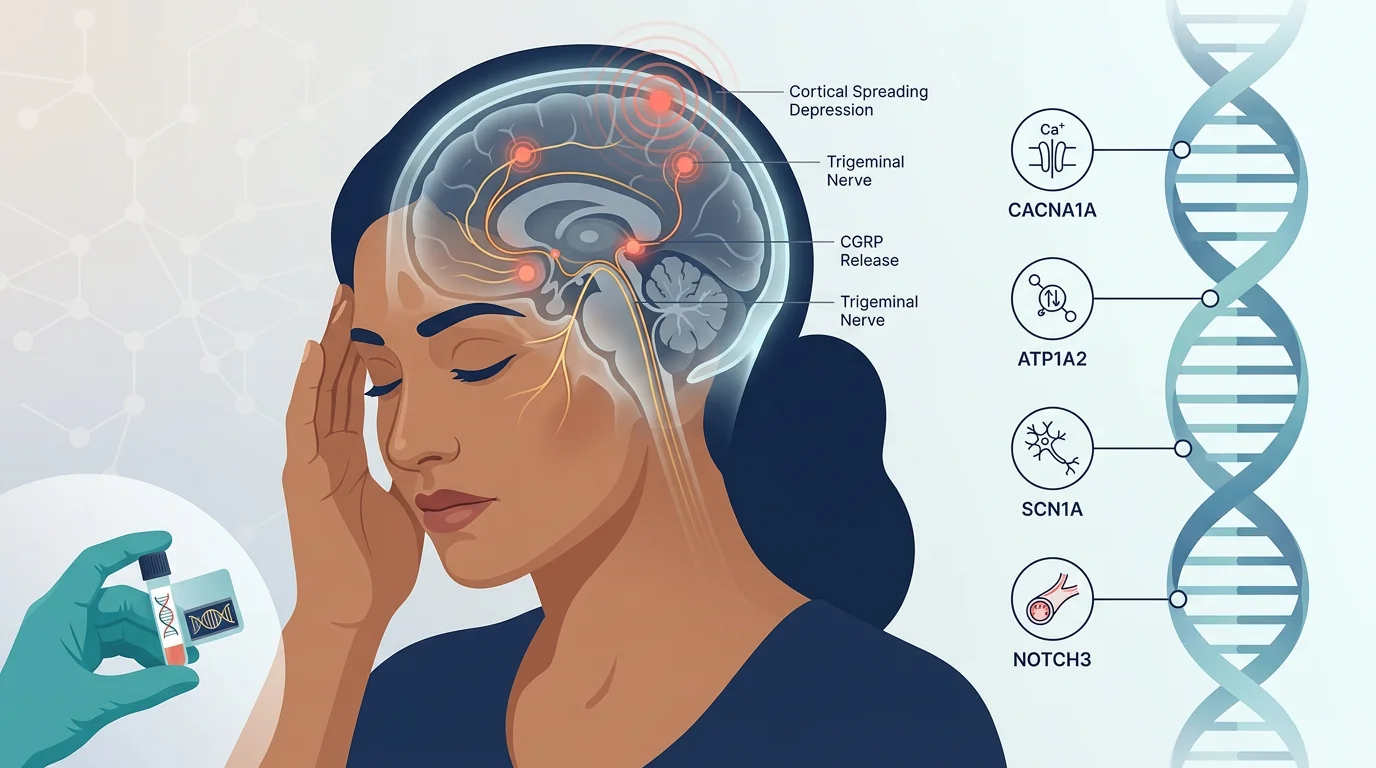 Illustration of migraine's trigeminovascular pathway and CGRP release in the brain alongside a DNA strand highlighting CACNA1A, ATP1A2, SCN1A, and NOTCH3 genes linked to migraine